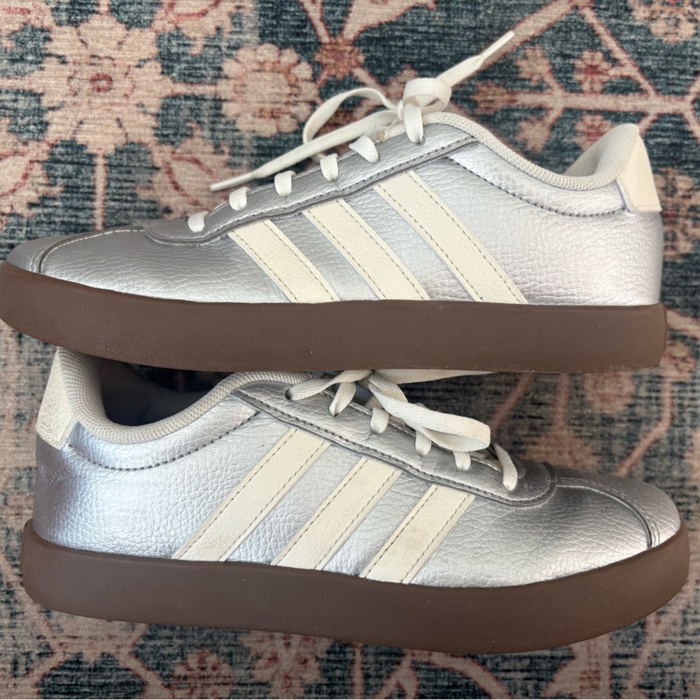 Adidas Metallic Silver Sneakers with Cream Stripes